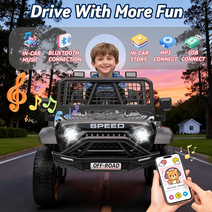 24V Je-ep Powered Wheels w/Remote Control, 4WD Ride on Truck Car, 3 Speed, Bluetooth Music, Wide Seat, Spring Suspension, LED Light, Birthday for Boys Girls Toddler(Black)