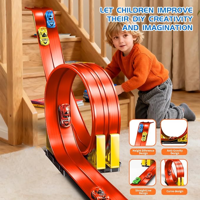 20ft Build Anywhere Portable Race Track with Suction Cups - Flexible Roll-Up Design Fits 1/64 Scale Cars, Portable Toy Gift for Kids 4+ Year Old
