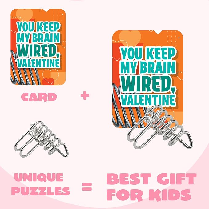 JOYIN 28PCS Valentine's Day Metal Wire Puzzles with Cards for Kids, Brain Teaser Puzzles with Explanation of the Solution and Valentine's Day Cards, School Classroom Boys Girls Exchange Gifts