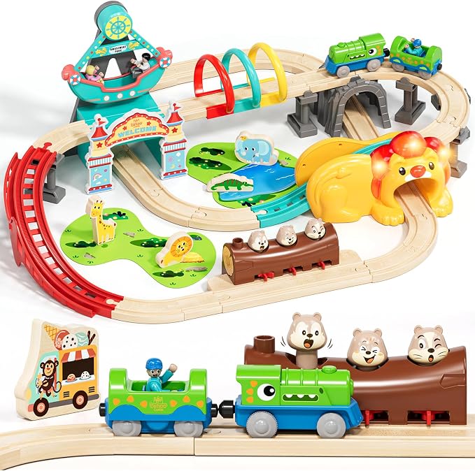 Lehoo Castle Wooden Train Set - Train Track Set with Battery-Operated Dinosaur Train, Lion Tunnel Lights & Sounds, Train Toy Birthday Gift for Boys & Girls Ages 3-7