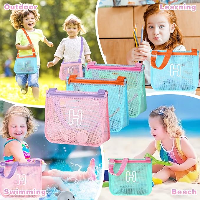 3Pcs Personalized Kids Beach Shell Bag, Initial Seashell Mesh Zipper Beach Pouch, Shell Collecting Bag for Holding Shells with Adjustable Straps, Sand Toys Swim Pouch Gift for Girl Boy Teens(Letter H)