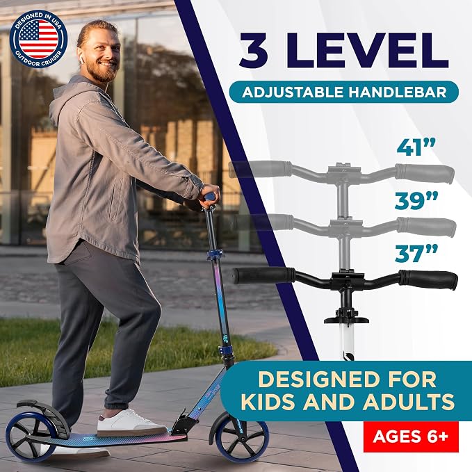 Outdoor Cruiser Kick Scooter for Ages 6+, For Kids, Teens, and Adults, Max Load 250 LBS, Foldable, 8-inch Wheels for Kids and Adults, Dual Suspension, 3 Adjustable Levels, Child Safety Approved, White