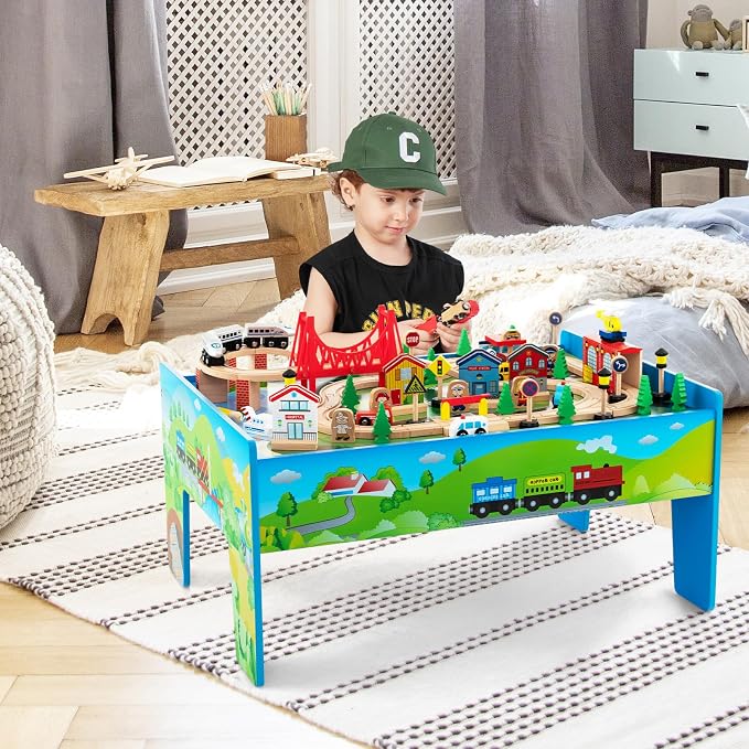 INFANS Train Table, 80 Pieces Wooden Kids Activity Toy Table Playset with Reversible Detachable Tabletop, Tracks, Train, Railway, City, Gift for Toddler Boys Girls Ages 3+ (32.5" x 23.5" x 16")