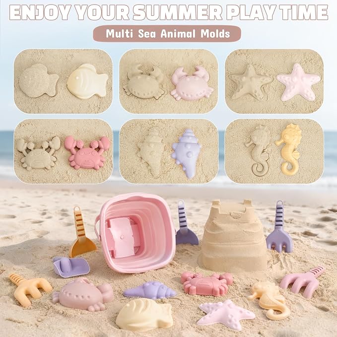 3 Pack Beach Toys Set for Kids Toddlers Girls, Collapsible Sand Buckets with Beach Molds and Mesh Bag, Sandbox Travel Toys Beach Vacation Essentials, Camping Gear, Fishing (Purple/Pink/Yellow)