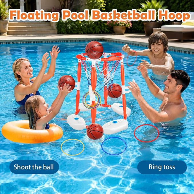 Pool Basketball Hoop, 2-in-1 Floating Pool Toys 360° Shooting Ring Toss Games with 4 Balls 12 Rings & Pump, Indoor Outdoor Swimming Pools Basketball Water Play Toy for 4-8 8-12 Kids Adults