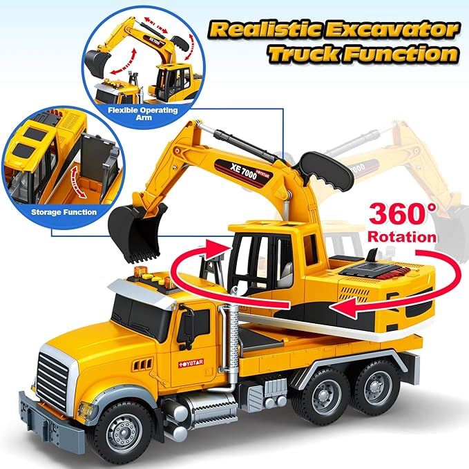 Bstoyder Kids Toys for 3 4 5 6 7 8 Years Old Boys, 15" Excavator Truck Toy with Lights, Sounds, Toddler Friction Powered Truck Vehicle Toy for Boys Girls Birthday Gifts