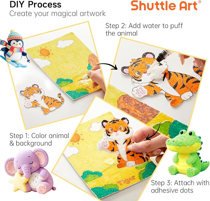 Shuttle Art 63 Pcs Magic Foam Texture Painting Kit Animal Series: 15 Animal Foam Pieces, Coloring Book with 15 Scenes, 12 Acrylic Paint Markers, Magical 3D Effect DIY Art Craft