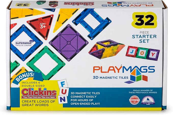 Playmags Magnetic Tile Set, 32-Piece Magnets Building Blocks for Kids, Bonus Clickins ABC Tiles -– STEM Learning Toys for Kids – Strong, Durable, Educational Magnet Blocks for Creative Plays