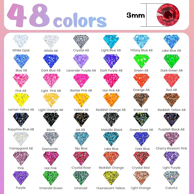 70000Pcs 2 Boxes Bedazzling Kit with Rhinestones, 48 Colors 3mm Resin Flatback Rhinestones with 4 Pcs B7000 Jewelry Glue & Tools, Diamond Art All-in-One Bedazzling Kit for DIY Arts & Crafts Gifts