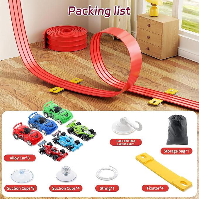 3-Lane Flexible Race Car Track for Kids - 16.4 Ft Race Track Toy with Strong Suction Cups, Roll-Up Portable DIY Racetrack Compatible with 1/64 Diecast Cars