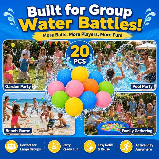 SOPPYCID Magnetic Reusable Water Balloons for Kids, Refillable Water Balls Quick Fill for Pool, Outdoor Games for Beach, Summer Toys for Kids 4-10 (20Pack)