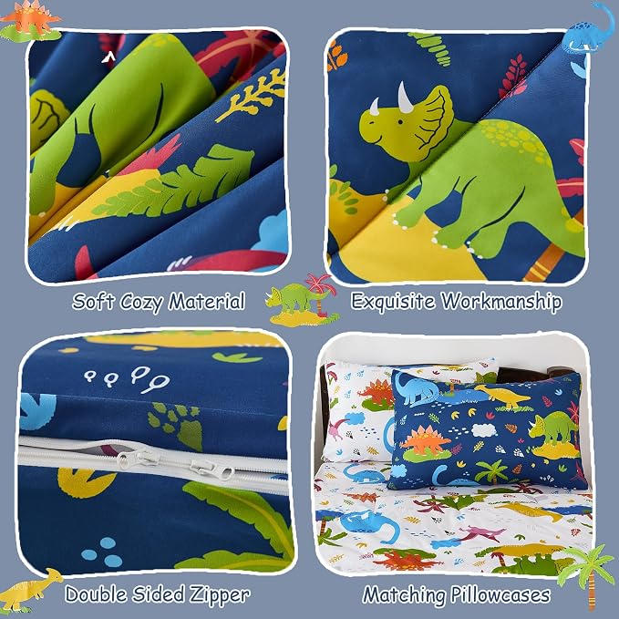 DJY Zipper Bedding Set Twin, Navy Blue Dinosaur Bedding Sets for Boys, Kids Comforter Set with Fitted Sheet Pillowcases, All in One Zipper Bed Set for All Seasons