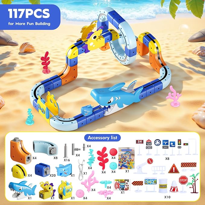 Shark Electric Train Set Toys for Boys Girls 3-5: 3D Infinity Rail Cube Tracks for Kids Anti-Gravity Magnetic Train Easter Birthday Gifts STEM Toys for 3 4 5 6 7 8 Year Old Boy Girl (117PCS)