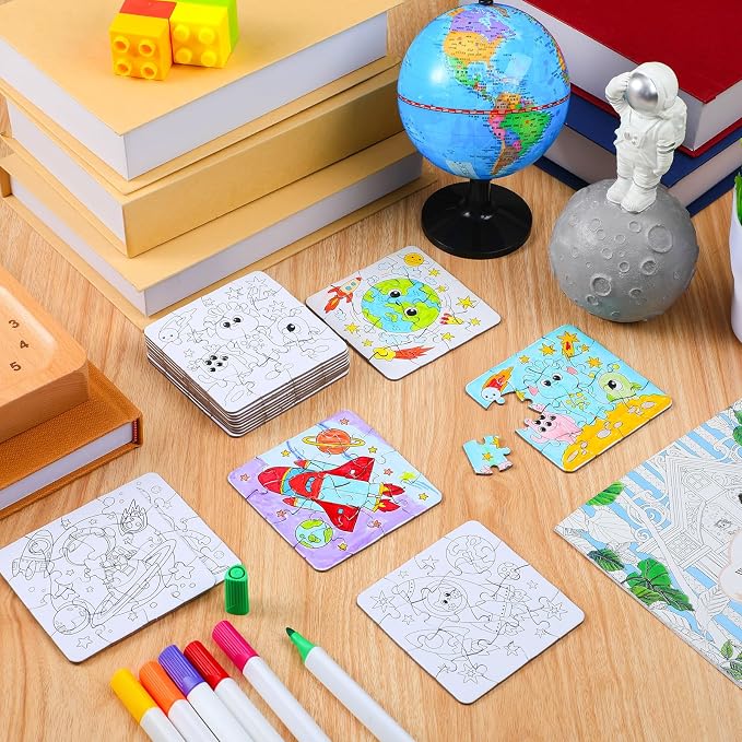 Realspring 24 Pack Outer Space Color Your Own Jigsaw Puzzles for Kids 3-5, 4-6, 6-8, Coloring Crafts DIY Paper Puzzles Party Favors Gifts for Toddler Children Learning Education Toys