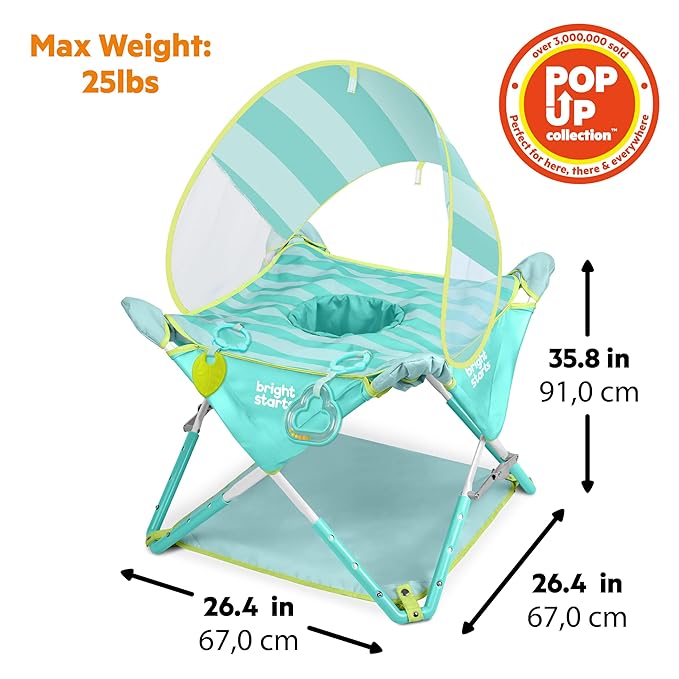 Bright Starts Pop 'N Jump Portable Baby Activity Center, Indoor Outdoor Use, Lightweight, Carrying Bag, Canopy, 6-12 Months - Sky Stripes Blue