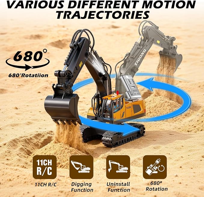 Remote Control Excavator Toy for Boys, 11-Channel Metal Construction Truck with Lights, 2 Batteries, 120-Min Playtime, RC Excavator Toys for Kids Ages 3-12, STEM Gift for Birthday