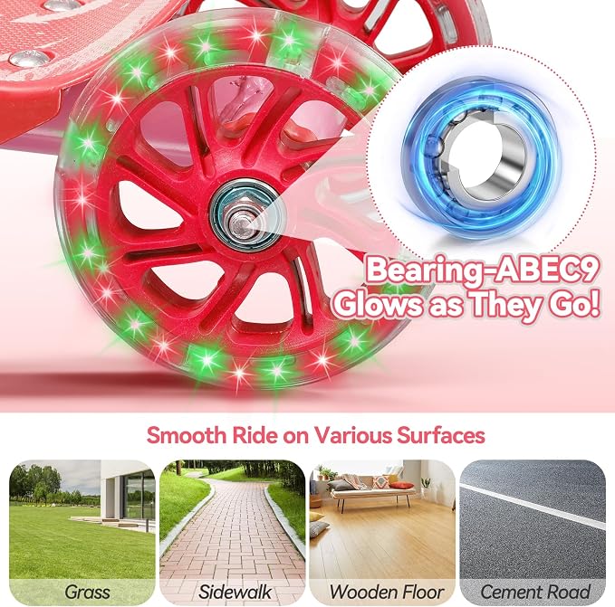 Toddler Scooter, Scooters for Kids Age 3-5, Boy Girl Gift 3-Wheel Kick Scooter with LED Light Up Wheels, Adjustable T-Bar Handle, Cute Deck, Safe Smooth Riding Outdoor, Max 100 lbs, Xmas Box Wrapped