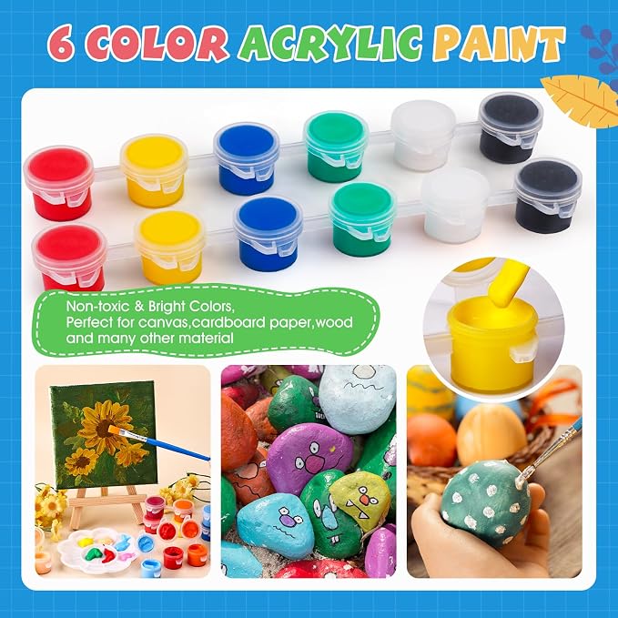 ESRICH 24 Set Mini Acrylic Paint Kit, Mini Stretched Canvas with Easel, Valentines Day Gifts, Acrylic Paint Strips, Paint Palettes, Painting Brushes, Canvas and Easel Set for Kids Artists Beginner