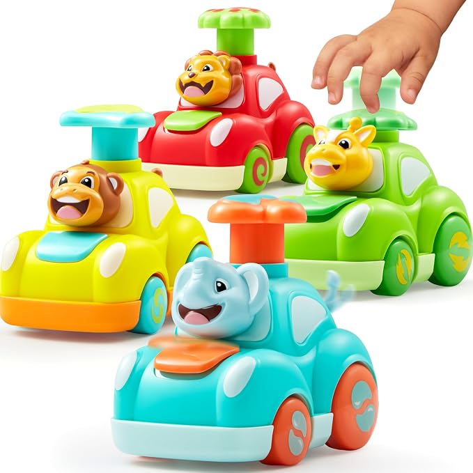 JOYIN Animal Toy Cars, Toddler Toys for Boys Girls, 4 Pack Press and Go Cars Including Elephant, Monkey, Giraffe and Lion, Wind Up Toddler Gift, Birthday Gift for Kids
