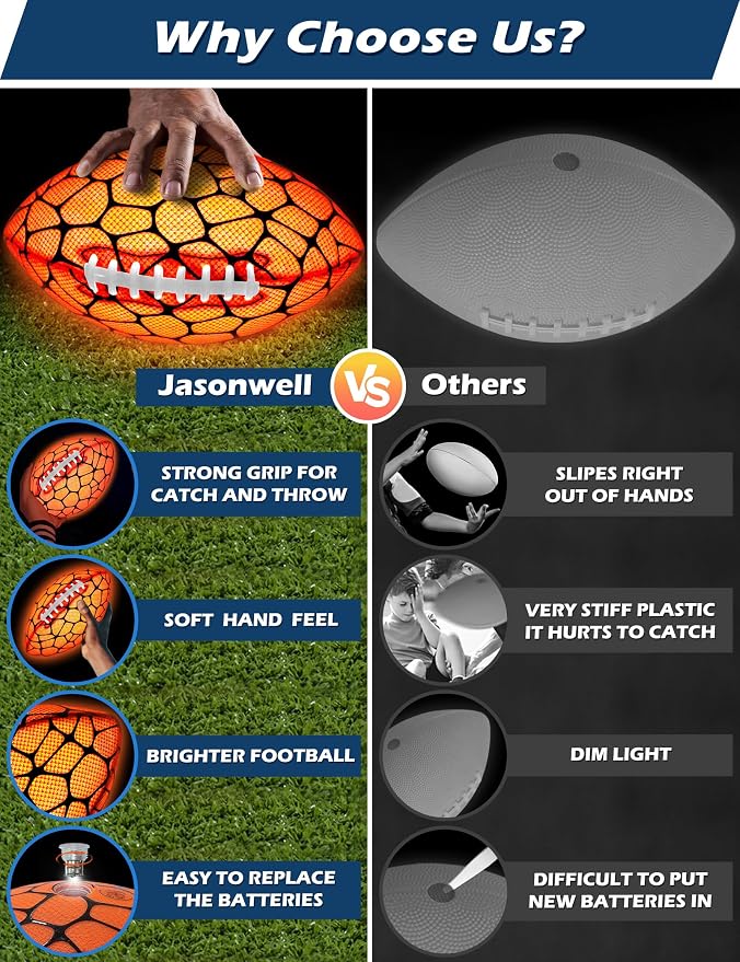 Jasonwell Glow in The Dark Football - Strong Grip Light Up Football Toy Stuff Gift Outdoor Sports Ball for Boys Kids Teen Junior Youth Adult Christmas Birthday Gifts for Ages 6-8 8-12 13+ Year Old