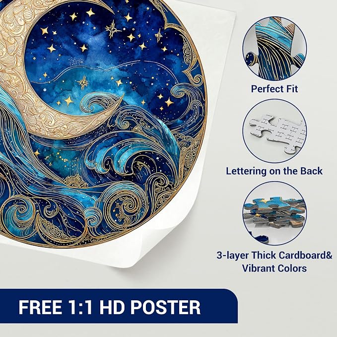 1000 Piece Puzzle for Adults - Waves Stars and Moon Jigsaw Puzzles - Impossible Hard Difficult Challenging Jigsaw Puzzle -Brain Teaser Adult Puzzles - Christmas Birthday Gifts for Women/Men