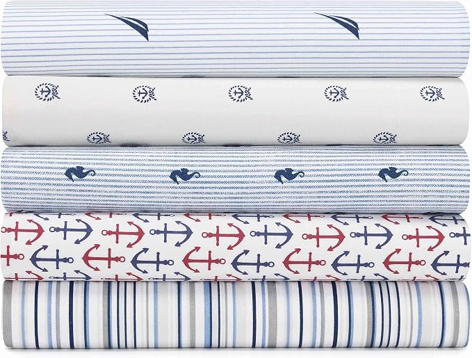 Nautica – Twin XL Size Sheet Set, Crisp Cotton Percale Bedding with Matching Pillowcase, Lightweight & Breathable Bed Sheets, Deep Pocket, College Dorm Room Essentials (Audley Stripe Blue)