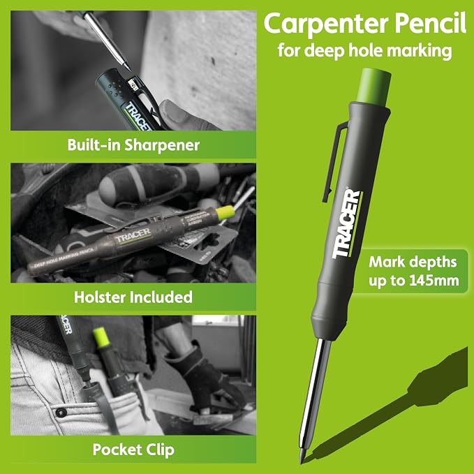 Tracer 8 Piece Construction Marker Kit - Deep Hole Carpenter Pencil Set, 2 Deep Hole Marking Pen, and Four Heavy Duty Clog-Free Markers, 2.8mm Replacement Leads & Storage Case for Woodworking Tools