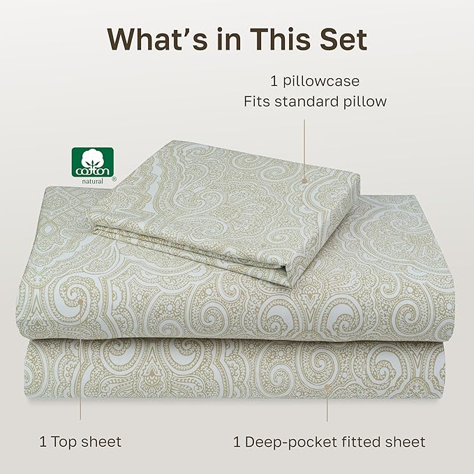 California Design Den Soft 100% Cotton Sheets Twin Size Set, 400 Thread Count Good Housekeeping Award Winner, Smooth Sateen Finish, Cozy and Durable Cotton Bedding Set - Paisley Beige