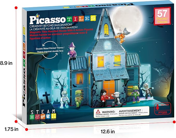 PicassoTiles Scary Haunted House Magnetic Tiles Building Block with 8 Halloween Theme Action Figure Magnet Construction Toy Kit Double-Sided Mansion STEM Playset Adventure Boys & Girls Ages 3+ PTQ03