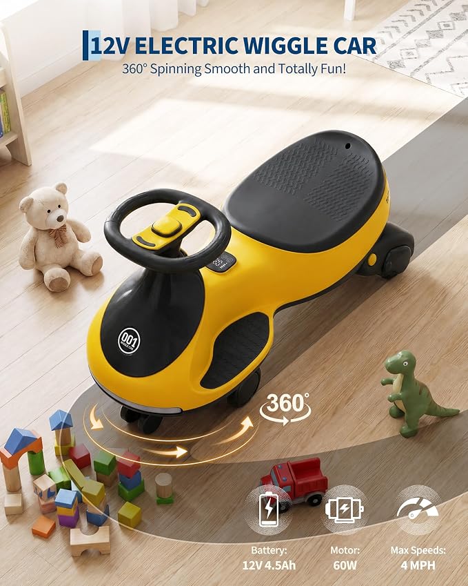 Garvee 12V Electric Wiggle Car for Kids, 2 in 1 Swing Car with Pedal, Anti-Rollover, Max Load 130Lbs,Flashing Wheels, Music,Rechargeable Battery Ride on Toy Indoor Outdoor for Toddlers, Yellow