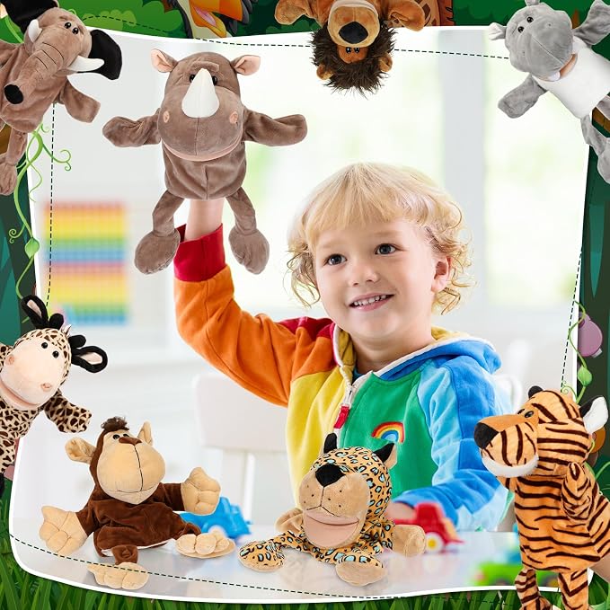 Lenwen 10 Pcs Animal Hand Puppets Set for Kid Soft Plush Jungle Toys with Open Movable Mouth Friend Safari Wildlife Zoo Puppet for Toddler Storytelling Teaching Preschool Role Play Lion Tiger Elephant