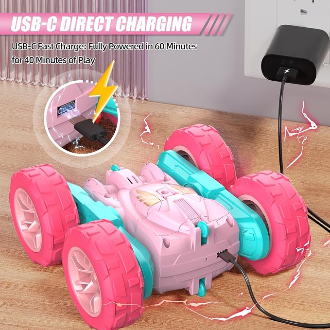 Pink Remote Control Car for Girls，2.4 Ghz Double Sided RC Cars 360° Rotating Remote Control Crawler with USB-C Easy Charging Car Toys for 4 5 6 7 8 9 10 Girls Birthday Gift Grandkids