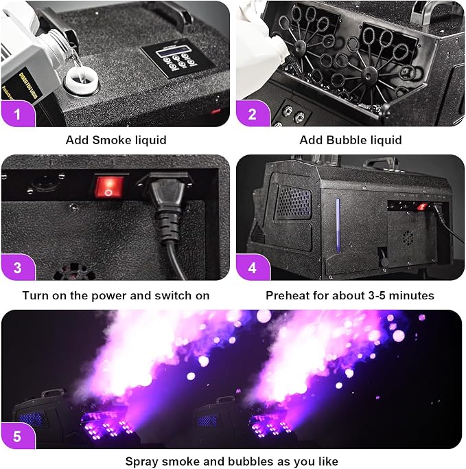 2000W Fog Machine, 3 in 1 Fog Bubble Machine with 2 Bubble Fans, 7 CH RGB 18 LED Lights Smoke Bubble ALL IN 1 Machine, Fog Machine for Party, Wedding, Festival, Birthday, 4 PACK