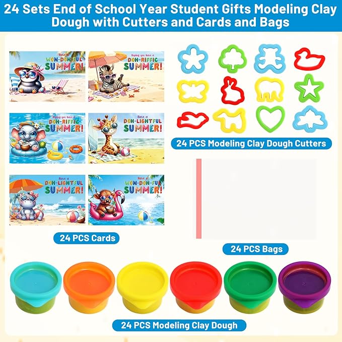 Ceiba Tree End of School Year Student Summer Gifts from Teacher Playdough Last Day of School Gifts for Kids Students Bulk 24 Boxes Air Dry Clay Play Modeling Dough 24 Cutters Molds 24 Cards 24 Bags