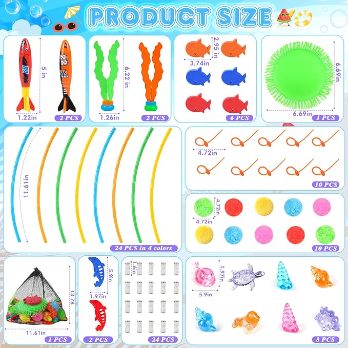 EULRGAUS Pool Toys, 34PCS Swim Thru Rings Pool Games, Diving Toys with Diving Rings, Underwater Treasures, Diving Gems, Water Toys with Splash Balls, Water Frisbee, Swim Toys for Kids, Boys and Girls