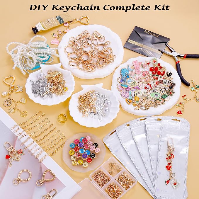 Wurosi 544Pcs Charms Lip Gloss Keychain Making Kit, Bag Charm Kits with Key Chain Hooks, Charms, Chains, Jump Rings, Lobster Clasps, Plier, Gift Bags & Tools, DIY Craft Supplies