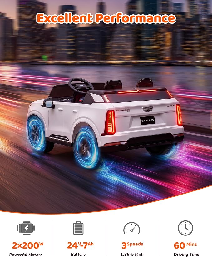 Firstness 2 Seater Ride on Car for Kids 24V Licensed Cadillac Escalade IQ Powered Wheels with Remote Control 400W Electric Ride on Toy with 3 Speed Light Music 7AH Battery Car for Kids Ages 3-8, White