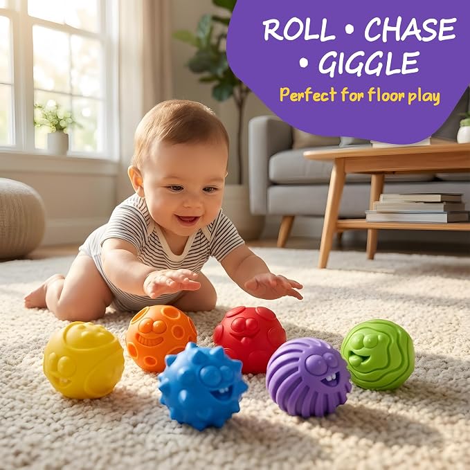 Baby Sensory Balls for 6-12 Months, 6PCS Textured Infant Toys | Easy Grasp Ball Set, Soft Teething Toys Baby Development, Fine Motor Skills, Bright Color, Early Learning Gift
