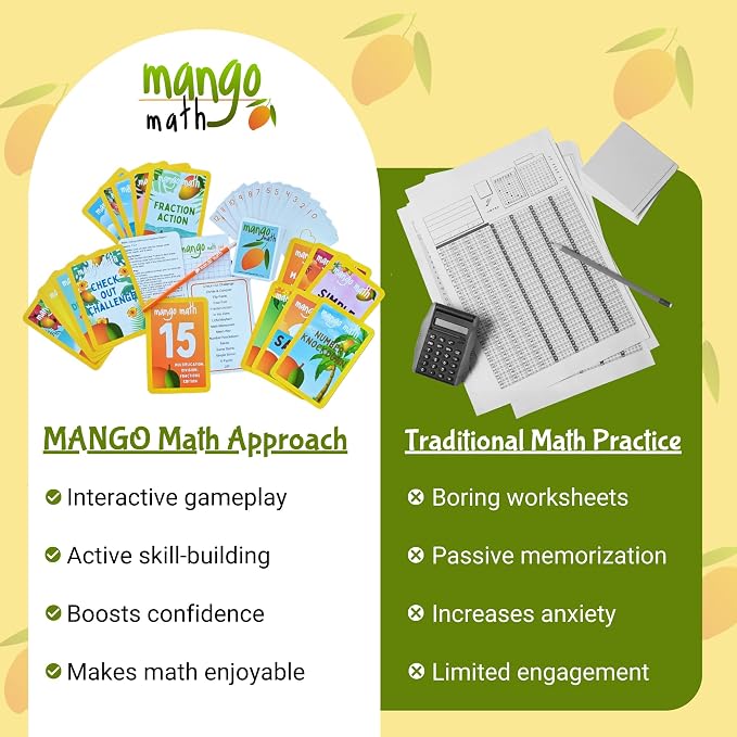 MANGO Math 15® - Math Flash Cards - Educational Math Games for Kids - Multiplication, Division, Fractions Learning Kit -2nd 3rd 4th Grades - Kids 6-12 - Set of 15 Games - English Version