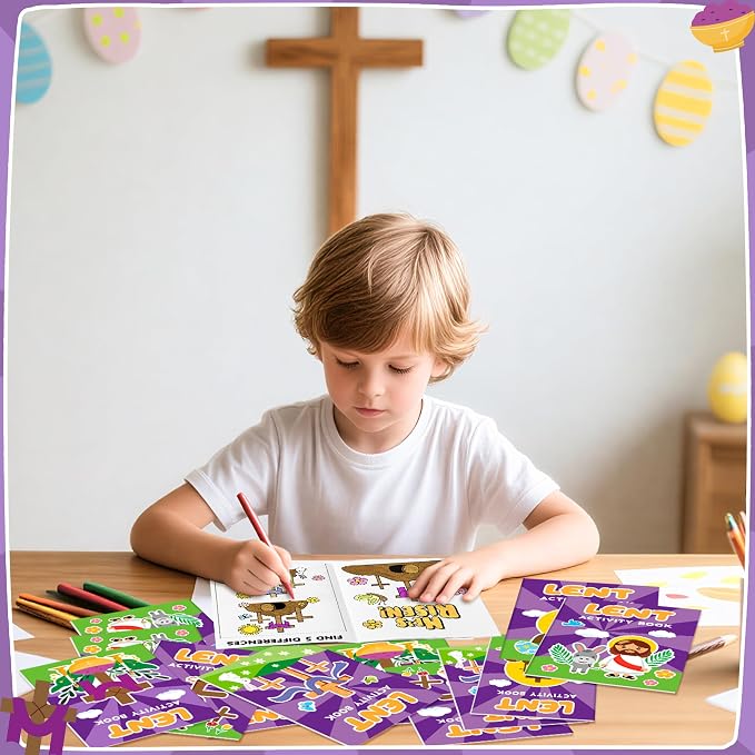 Easter Lent Activity Books for Kids - 24Pcs Christian Lent Mini DIY Games Coloring Book Set Bulk Mazes Word Search Word Scramble Games for Sunday School Classroom Easter Spring Holiday Party Favors