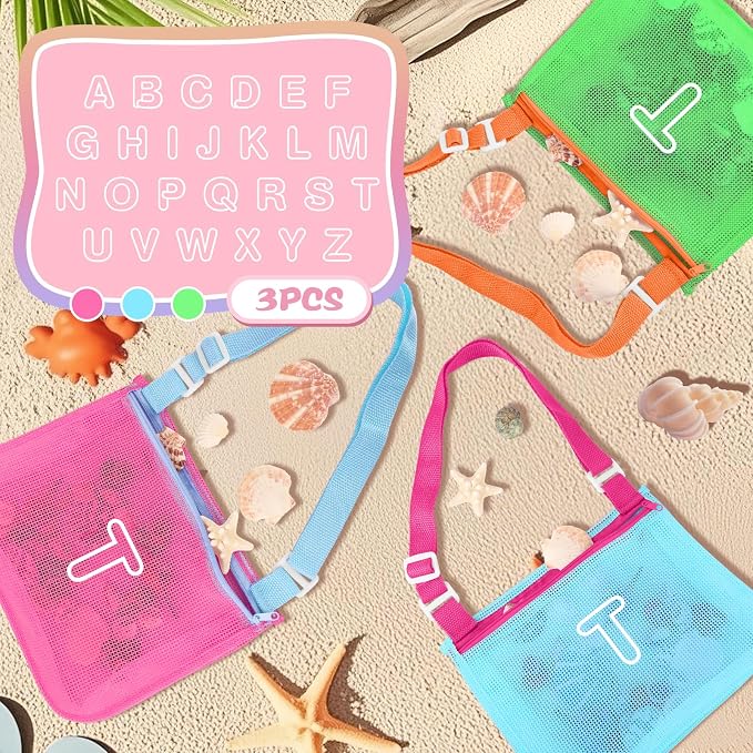 3Pcs Personalized Kids Beach Shell Bag, Initial Seashell Mesh Zipper Beach Pouch, Shell Collecting Bag for Holding Shells with Adjustable Straps, Sand Toys Swim Pouch Gift for Girl Boy Teens(Letter T)