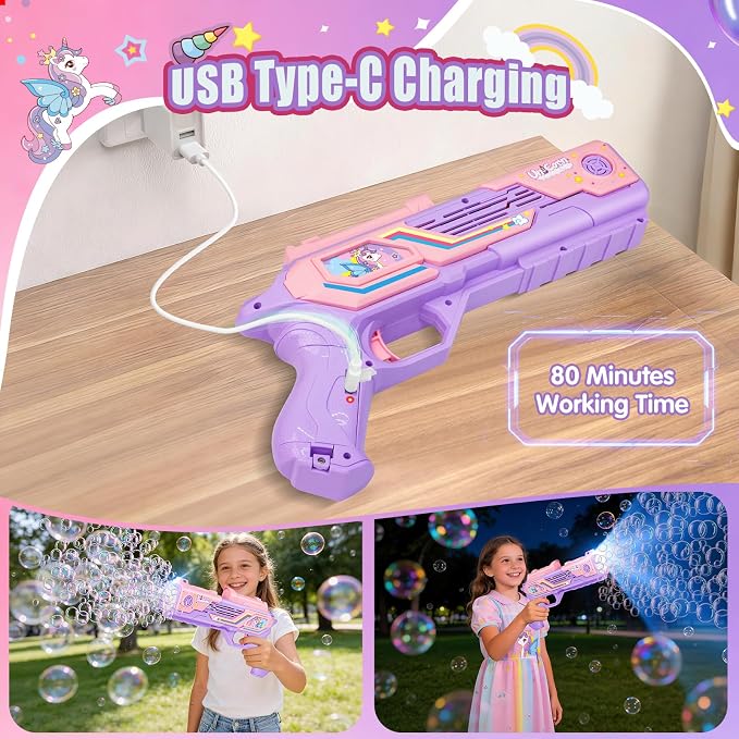 Rechargeable Unicorn Bubble Gun, Unicorn Toys for Girls Age 4-6, Outdoor Toys Bubble Machine, 3 4 5 6 7 8 9 10 11 12 Year Old Girl Gifts, Easter, Birthday, Summer, Wedding, Party Favors, Halloween