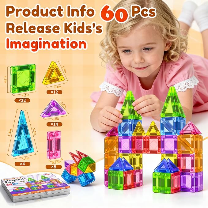 60PCS Mini Magnetic Tiles for Kids Ages 3-5 4-8 with Iron Box Travel Magnet Building Kids Toys for 3 4 5 6 7 8 Year Old Boys Girls Toddler Creativity Construction Sensory Valentines Birthday Gifts