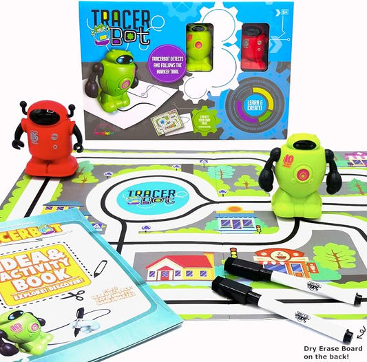 MUKIKIM TracerBot Set (2 Robot Set) – Mini Inductive Robot That Follows The Black Line You Draw. Fun, Educational, and Interactive STEM Toy! Includes Trail Map, Dry Erase Board, and Playbook