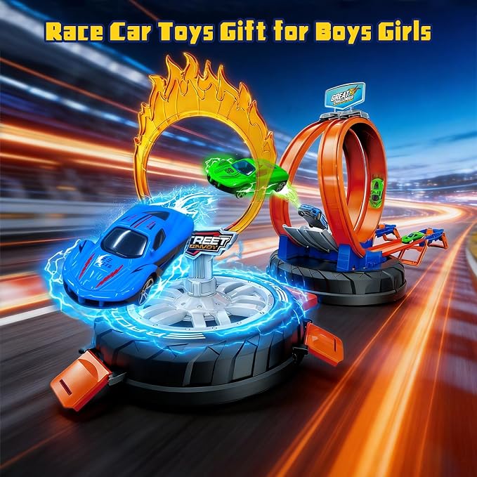 Race Car Track Set for Kids Ages 3-8，Transformable Tire Storage & Portable Handle into Race Course, Racing Toy Playset Birthday Gift for Kids Boys Girls