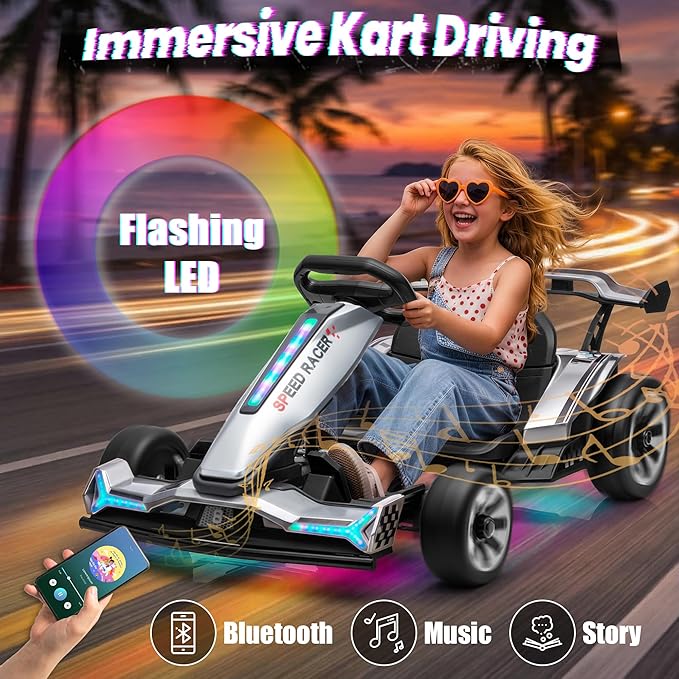 24V Electric Go Kart, Kids Drift Kart with Dual 400W Motors, Length Adjustable Seat, 8.2 MPH Max, 130LBS Max Load, Outdoor Ride on Toy Crazy Kart w/Bluetooth Music, Rainbow Light