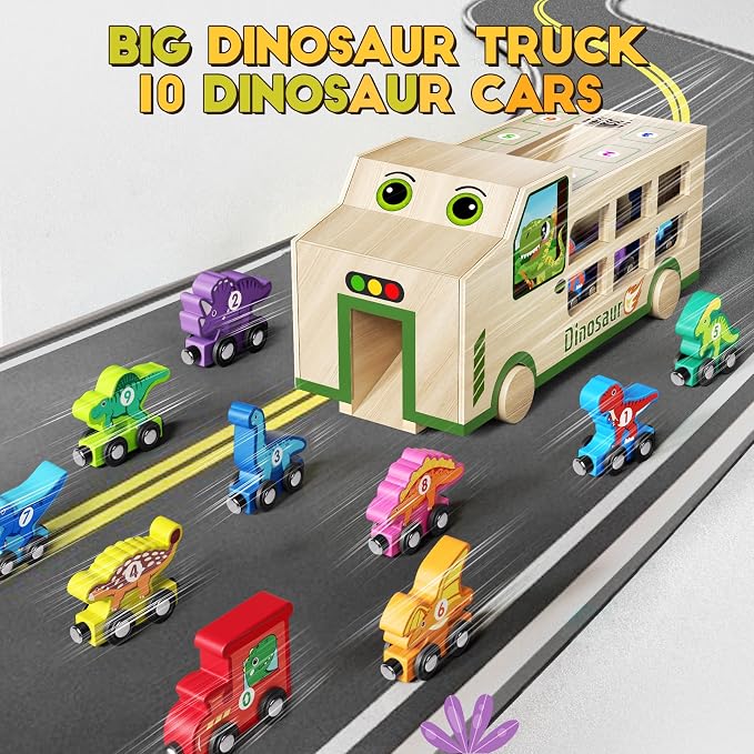 GJZZ Wooden Dinosaur Truck & 10 Magnetic Wooden Dinosaur Train Set | Montessori STEM Toys, Kids 2-5 Years, Toddler Learning Toys, Birthday Gifts for Boys and Girls