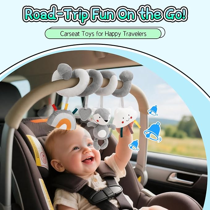 Car Seat Toys for Babies 0-6 Months: Travel Baby Toy for Soft Hanging Toys for Carseat, Spiral Stroller Activity Toy Plush for Infant Boys Girls, Grey Fox
