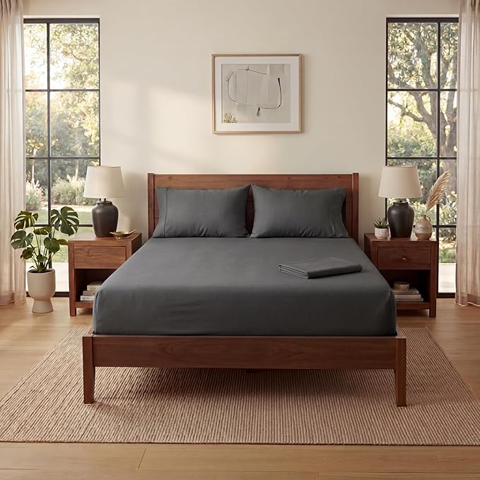 Full XL Size Sheets Set, 4-Piece Premium Egyptian Long-Staple 100% Cotton Bedding Set, Single-Ply Luxury Sateen Weave Hotel Quality Sheets, Soft & Breathable, 15” Deep Pockets, Dark Grey