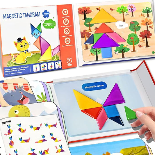 Magnetic Tangram for Kids Ages 4-8 with 30 Theme Pages & 368 Solutions Patterns Booklet & Metal Board, Magnetic Tangrams Puzzle for Kid, Magnet Tangrams Puzzle, Tangram for Kids Ages 4-8
